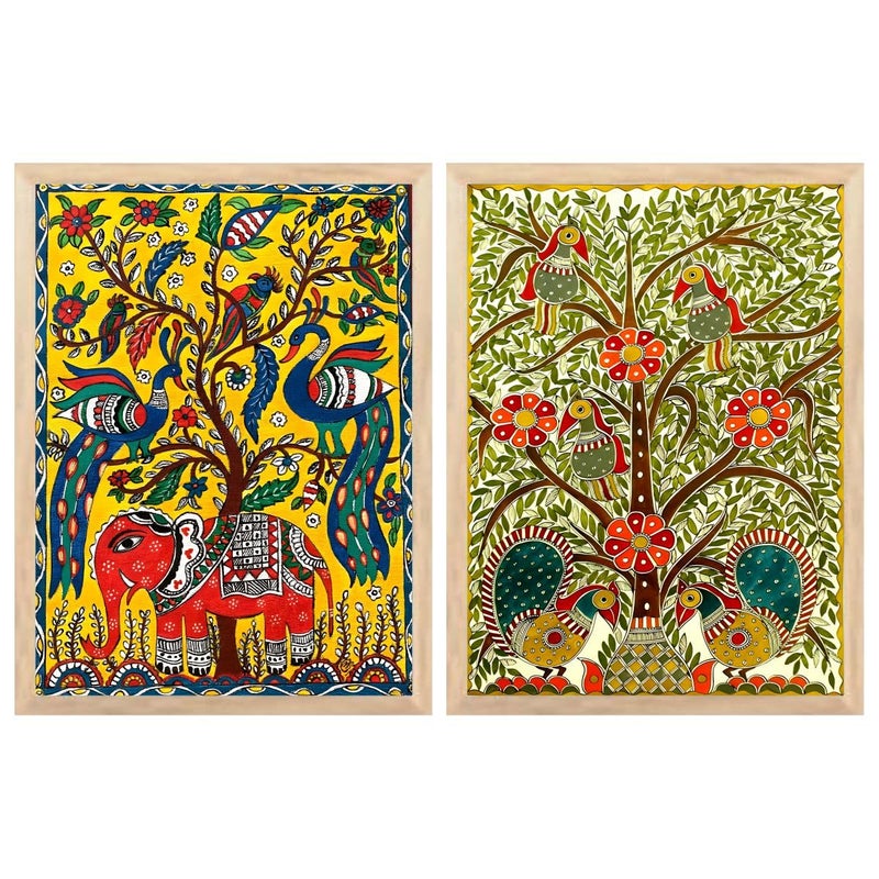FramingoKart Madhubani Elephant Tree Premium Digital Paintings with Frame for Home Decoration Painting for Living Room Bedroom Office Painting for Wall Decoration Pack of 2Art10 - Image 1