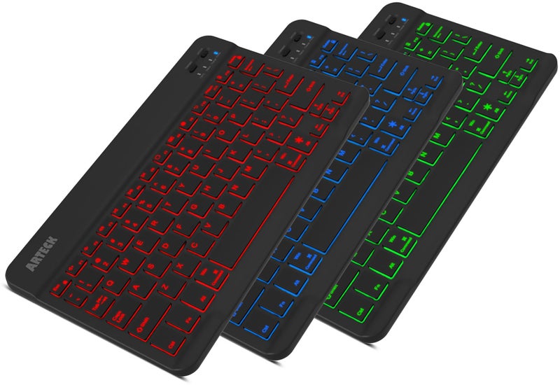 Arteck Universal Backlit 7-Colors Ultra Light & Slim Portable Wireless Bluetooth 3.0 Keyboard for iOS iPad Air, Pro, Mini, Android, Windows Tablets PC Smartphone Built in Rechargeable 6-Month Battery - Image 1