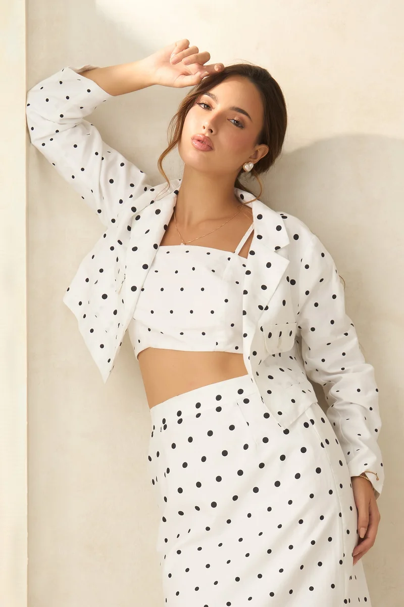 Virgio Printed  Cotton Polka Crop Blazer With Front Pocket for Women