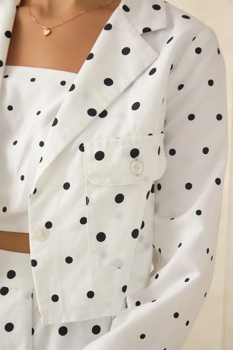 Virgio White Printed  Cotton Polka Crop Blazer With Front Pocket for Women for Women | Best Price UAE
