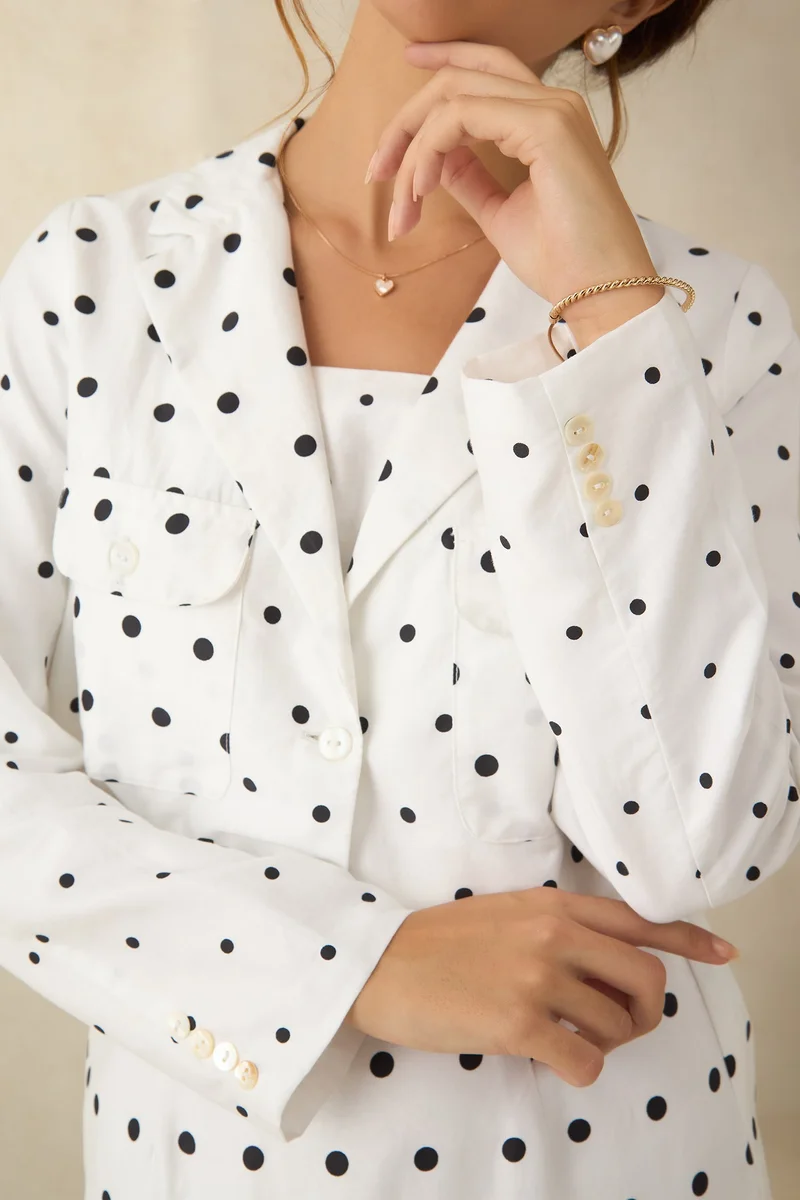 Virgio White Printed  Cotton Polka Crop Blazer With Front Pocket for Women for Women | Best Price UAE