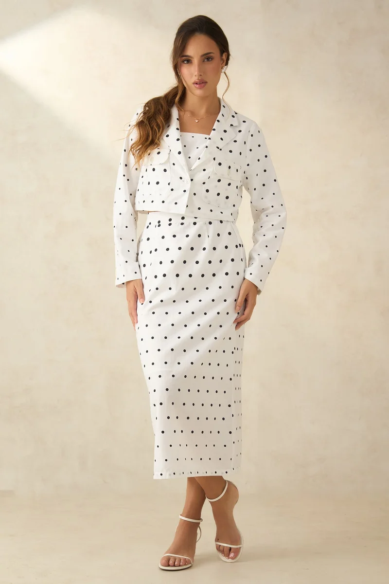 Virgio White Printed  Cotton Polka Crop Blazer With Front Pocket for Women for Women | Best Price UAE