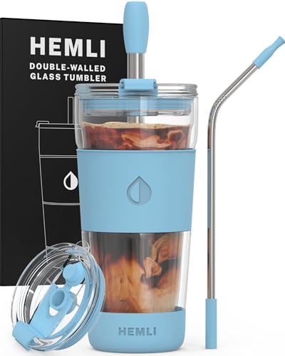 Hemli 19 oz Clear Double Wall Glass Coffee Tumbler With Lid  Portable Travel Mug With Straw for Tea Smoothies Iced Coffee and Boba Light Blue