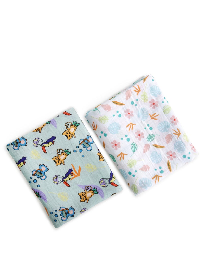 Milk&Moo Milk&Moo Jungle Friends Baby Swaddle Blanket, Oeko Tex Certified 100%Cotton, Muslin Swaddle Blankets, Ultra Soft, Breathable, Lightweight, Set of 2 Muslin Blanket for Boys and Girls  - Image 1