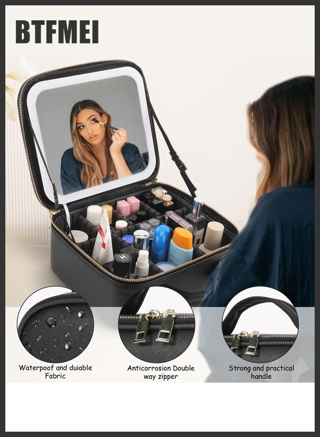 BTFMEI LED Makeup Bag with Mirror, 3 Color Lighting, USB Rechargeable 2000mAh, Adjustable Dividers, Large Travel Cosmetic Organizer for Women, Portable Professional Vanity Case (Black, 26×23×12cm) - Image 2