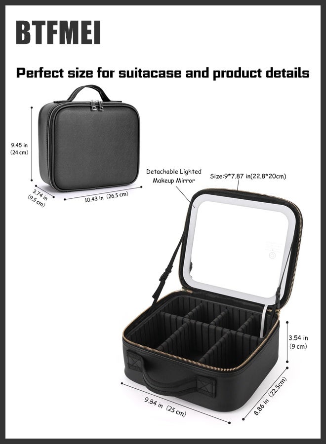 BTFMEI LED Makeup Bag with Mirror, 3 Color Lighting, USB Rechargeable 2000mAh, Adjustable Dividers, Large Travel Cosmetic Organizer for Women, Portable Professional Vanity Case (Black, 26×23×12cm) - Image 5