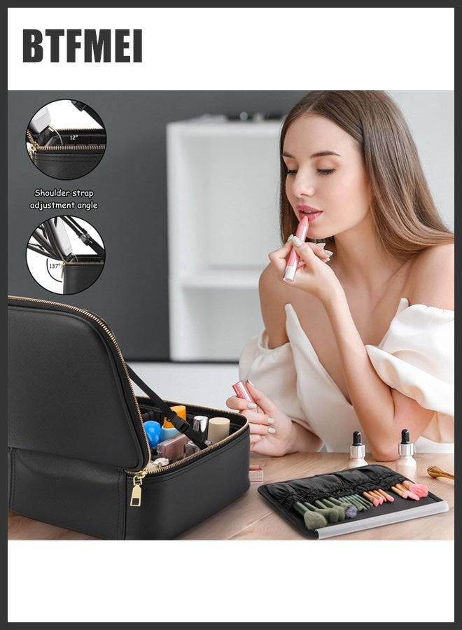 BTFMEI LED Makeup Bag with Mirror, 3 Color Lighting, USB Rechargeable 2000mAh, Adjustable Dividers, Large Travel Cosmetic Organizer for Women, Portable Professional Vanity Case (Black, 26×23×12cm) - Image 4