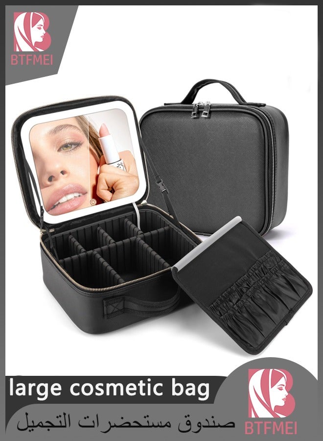 BTFMEI LED Makeup Bag with Mirror, 3 Color Lighting, USB Rechargeable 2000mAh, Adjustable Dividers, Large Travel Cosmetic Organizer for Women, Portable Professional Vanity Case (Black, 26×23×12cm) - Image 1