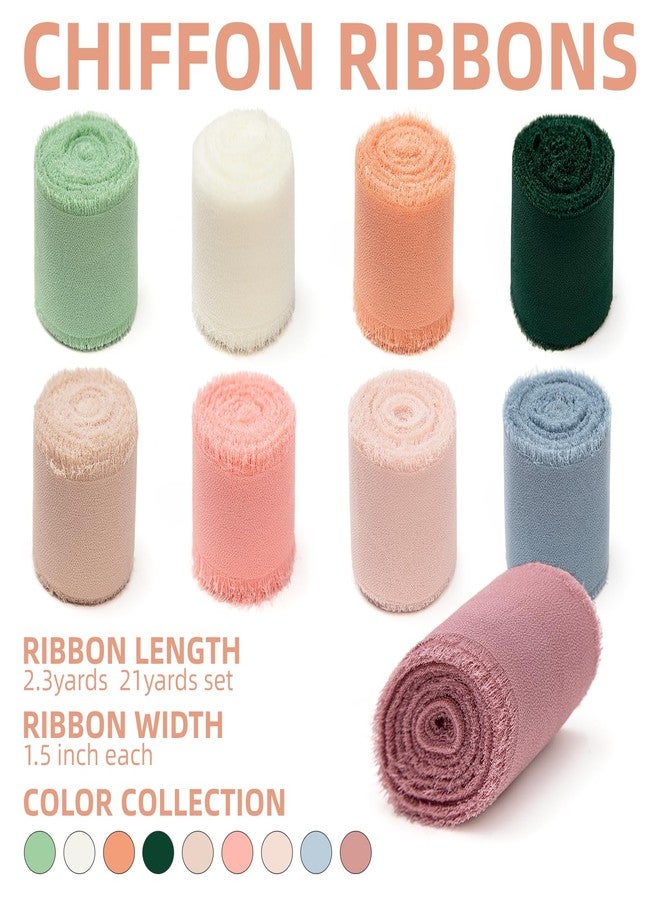 KEOSREE 9 Rolls Multicolour Handmade Chiffon Ribbon,1.5" x 21Yd Frayed Fringe Silk Ribbons (9 Rolls *2.3Yd) for Gifts Wrapping, Wedding Invitations, Bridal Bouquets, Decorations - Image 2
