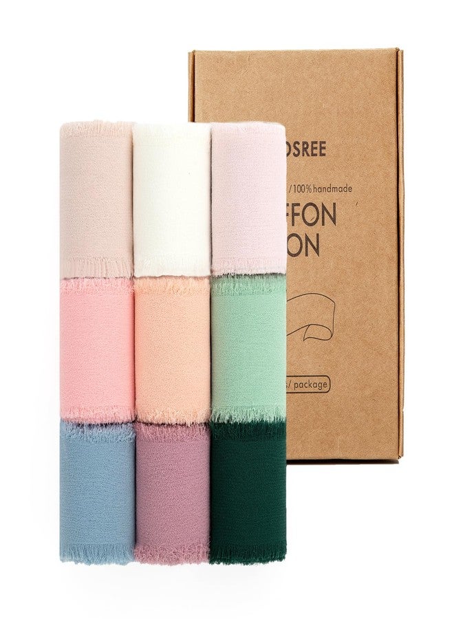 KEOSREE 9 Rolls Multicolour Handmade Chiffon Ribbon,1.5" x 21Yd Frayed Fringe Silk Ribbons (9 Rolls *2.3Yd) for Gifts Wrapping, Wedding Invitations, Bridal Bouquets, Decorations - Image 1