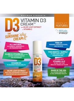 BIOLABS PRO All Natural Vitamin D3 15000Iu Vitamin D Cream Maximum Strength Fight Vitamin D Deficiency Naturally With Vitamin K2 & Olive Leaf Extract Safe & Effective (15 000Iu 3.0Oz)  - Image 4