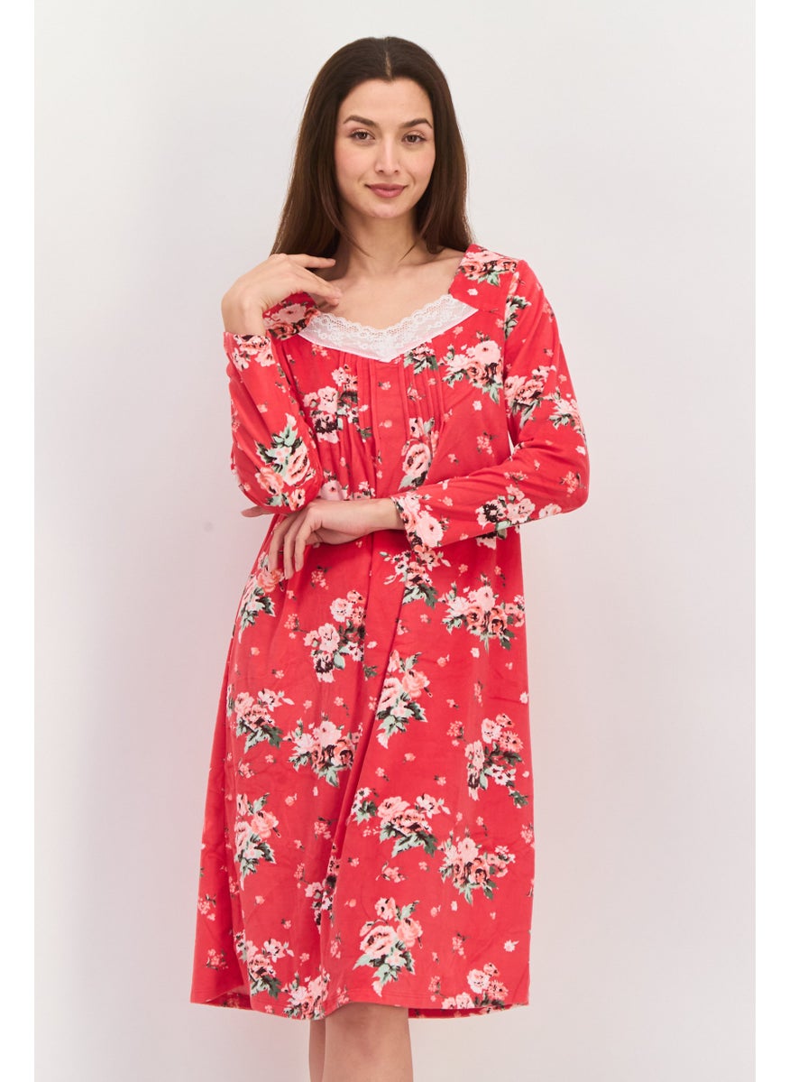 Carole Hochman - Women Printed long Sleeves Long Pajama Dress, Red Combo - Image 1