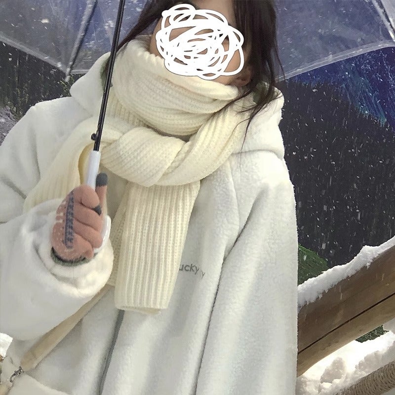 White Scarf For Girls Winter 2023 New Korean Style Versatile Student Couple White Long Knitted Wool Scarf - Image 5