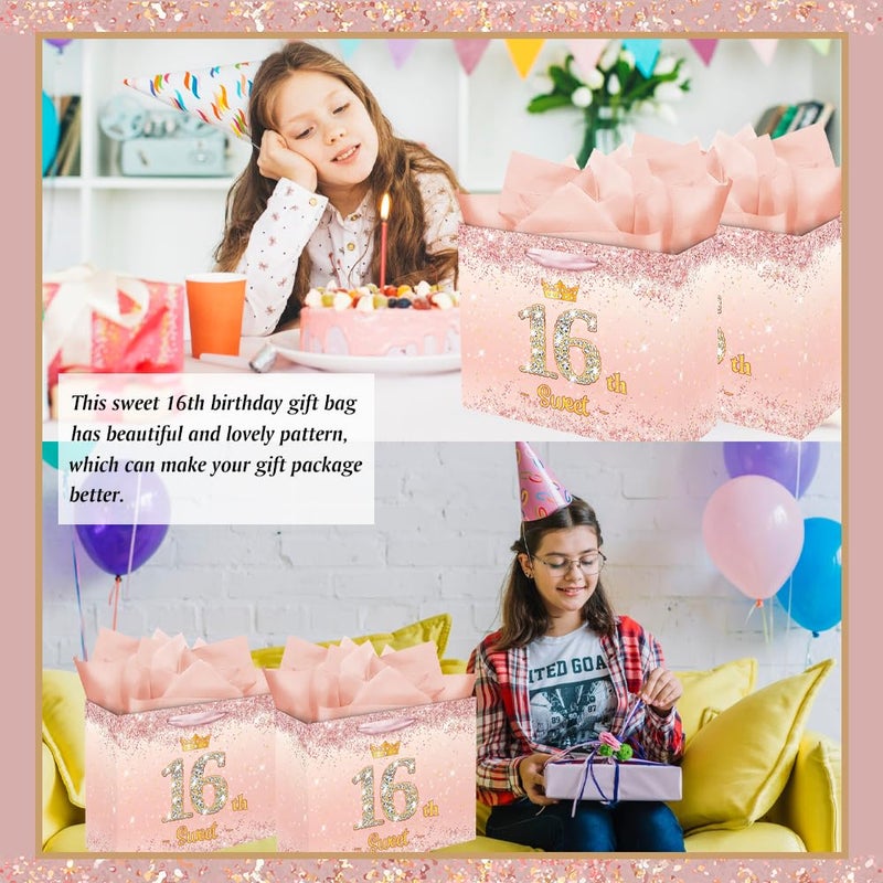 Vichona Rose Gold 16th Birthday Gift Bag for Girls, Sweet 16 Gifts Decorations, 16 Years Old Gift Bag Card for Daughter, Granddaughter, Friends - Image 4