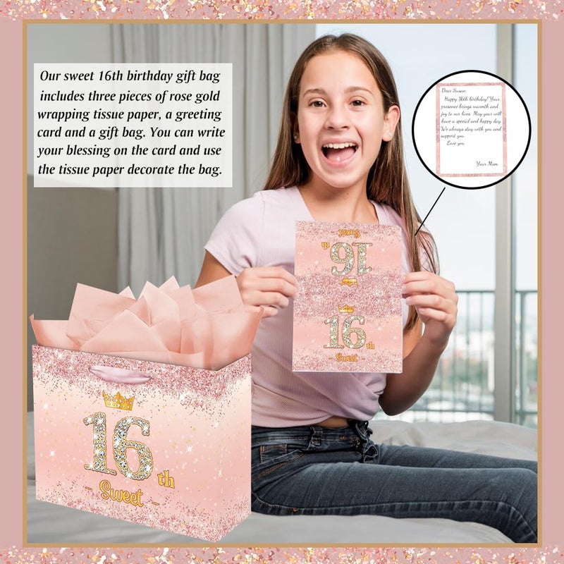 Vichona Rose Gold 16th Birthday Gift Bag for Girls, Sweet 16 Gifts Decorations, 16 Years Old Gift Bag Card for Daughter, Granddaughter, Friends - Image 5