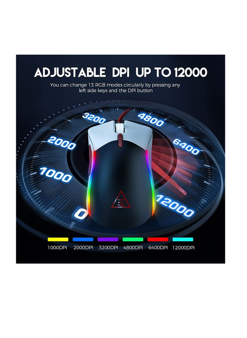 EKSA Gaming Mouse Wired, Ergonomic Computer Gaming Mice with 13 RGB Backlit, 6 Adjustable DPI Up to 12000, 7 Programmable Buttons, Tunable Weights USB Mouse Compatible with PC PS5 PS4 Laptop
