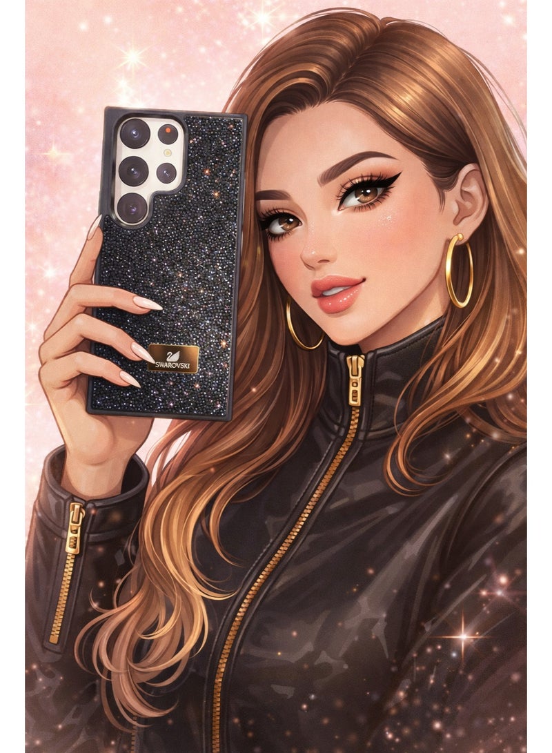 في آر كرييتيف غطاء هاتف لامع مرصع بالألماس لهاتف Samsung Galaxy S23 Ultra مع أحجار الراين المتلألئة للحماية - أسود - Image 2