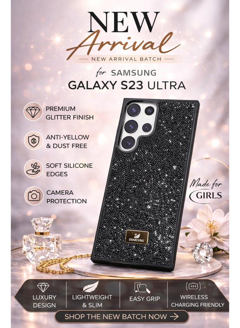 في آر كرييتيف غطاء هاتف لامع مرصع بالألماس لهاتف Samsung Galaxy S23 Ultra مع أحجار الراين المتلألئة للحماية - أسود - Image 5