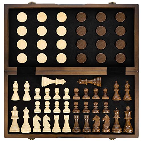 AMEROUS Magnetic Wooden Chess and Checkers Game Set 15 Inches 2 in 1 Chess Board Games 2 Extra Queens  Gift Package  Game Pieces Storage Slots Beginner Chess Set for Kids Adults - Image 1