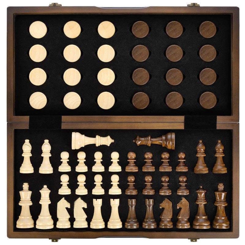 AMEROUS Magnetic Wooden Chess and Checkers Game Set 15 Inches 2 in 1 Chess Board Games 2 Extra Queens  Gift Package  Game Pieces Storage Slots Beginner Chess Set for Kids Adults - Image 2