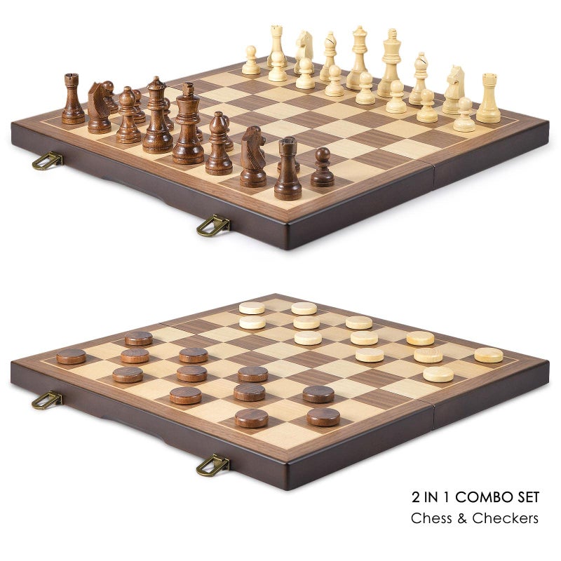 AMEROUS Magnetic Wooden Chess and Checkers Game Set 15 Inches 2 in 1 Chess Board Games 2 Extra Queens  Gift Package  Game Pieces Storage Slots Beginner Chess Set for Kids Adults - Image 3