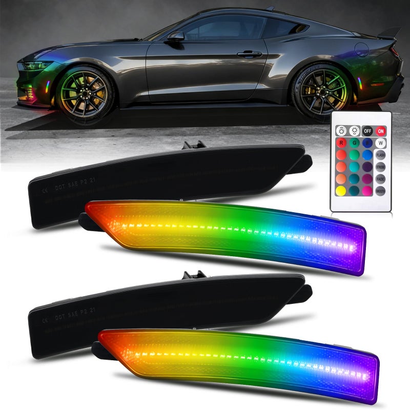 KDM RGB Full Led Smoked Lens Fender Side Marker Multi-Color Reflectors Lights, Compatible for 2024-Up Ford Mustang Gen7/S650,Assembly Front & Rear Side Bumper Marker Lights,Pack of 4 - Image 1