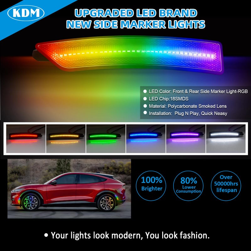 KDM RGB Full Led Smoked Lens Fender Side Marker Multi-Color Reflectors Lights, Compatible for 2024-Up Ford Mustang Gen7/S650,Assembly Front & Rear Side Bumper Marker Lights,Pack of 4 - Image 2