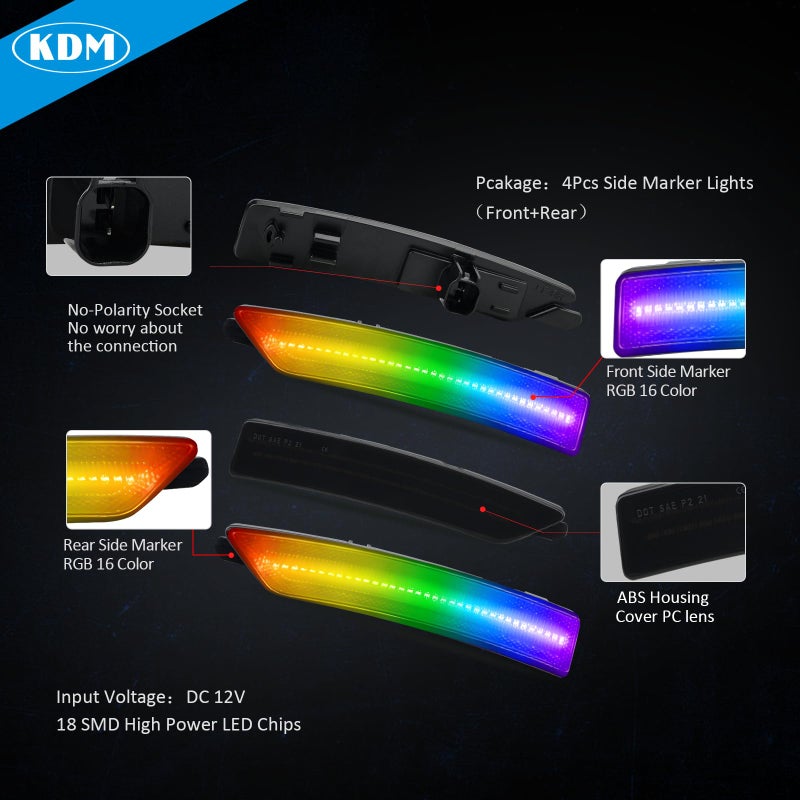 KDM RGB Full Led Smoked Lens Fender Side Marker Multi-Color Reflectors Lights, Compatible for 2024-Up Ford Mustang Gen7/S650,Assembly Front & Rear Side Bumper Marker Lights,Pack of 4 - Image 3