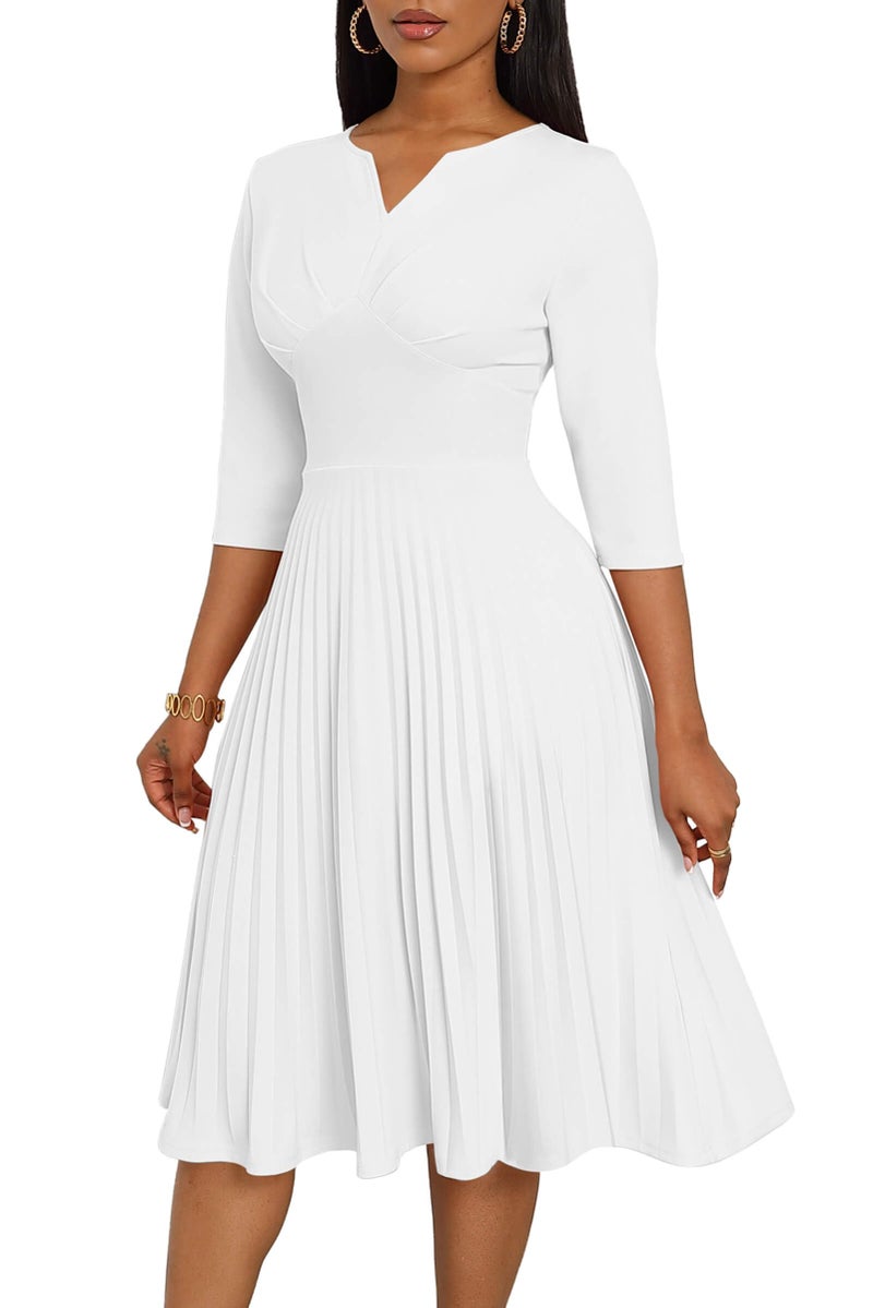 CLOCOR Midi Dresses for Women Fit and Flare A-Line Pleated Dress 3/4 Sleeve V Neck Church Cocktail Wedding Guest Dress White 2XL - Image 1