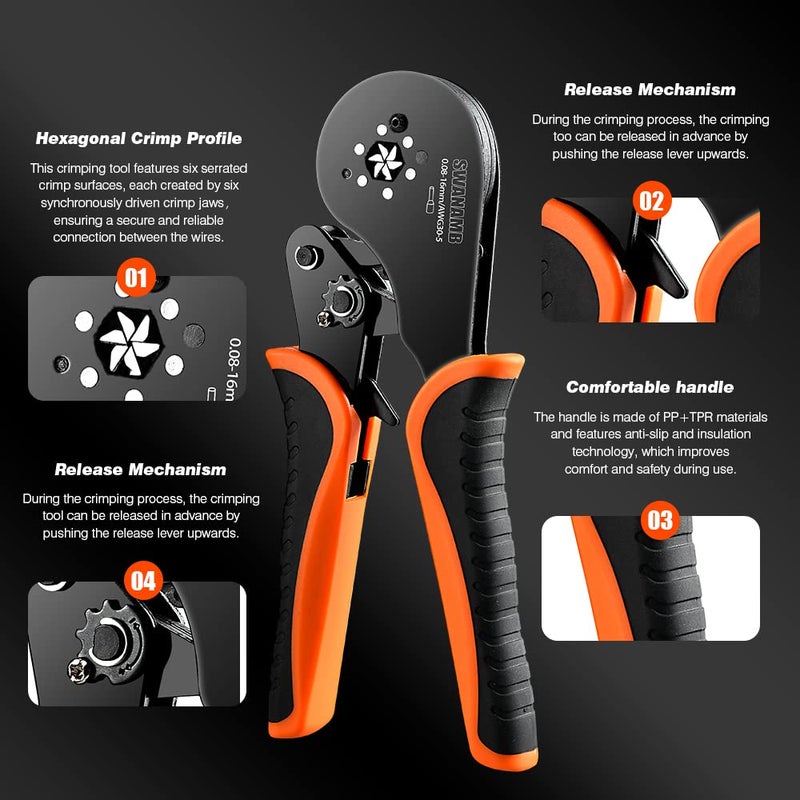 SWANAMB Ferrule Crimping Tool kit AWG30-5 Self-Adjusting Wire Ferrule Crimper Set with 1800PCS Wire End Ferrule Terminals - Image 3