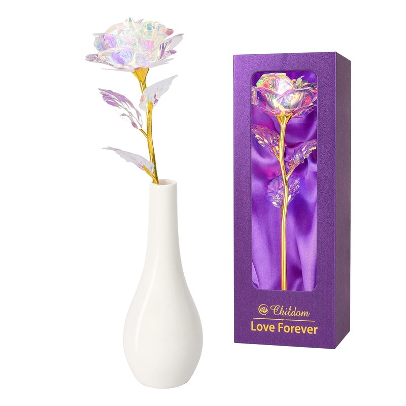 Childom Birthday Gifts for WomenChristmas Rose Gifts For Women Her MumRainbow Rose Flower With VaseValentines PresentPurple Flowers for Grandma Wife Girl Anniversary Christmas Wedding Engagement