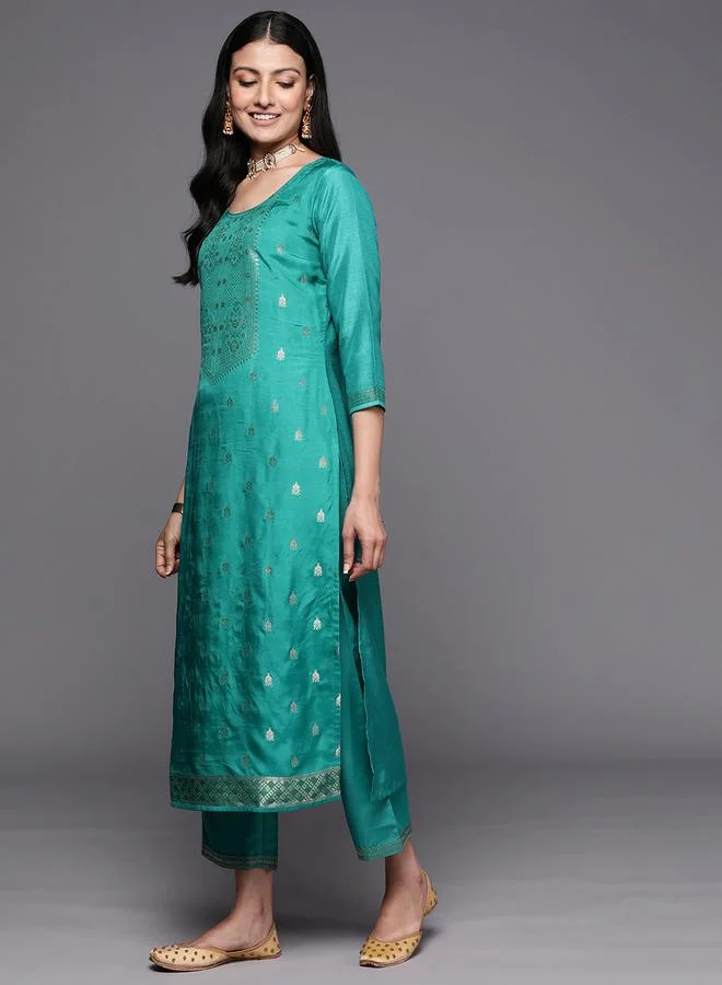 Libas Silk Embroidered Kurta with Solid Trousers and Printed Organza Dupatta Set by Styli