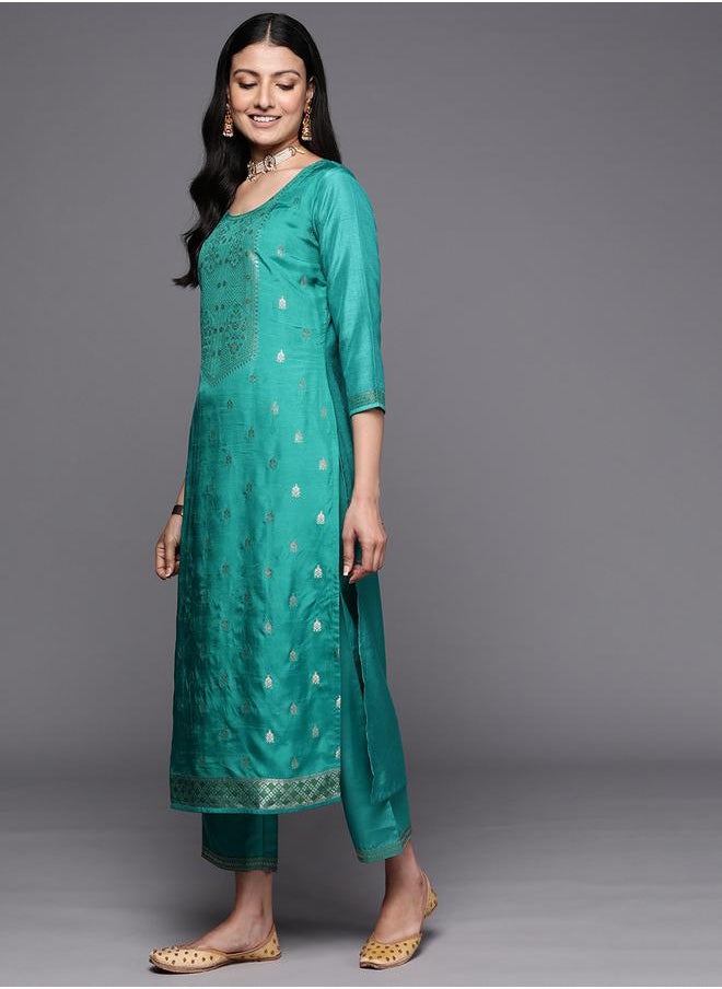 Libas - Silk Embroidered Kurta with Solid Trousers and Printed Organza Dupatta Set by Styli - Image 1