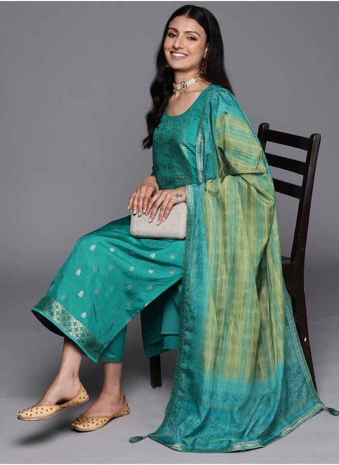 Libas - Silk Embroidered Kurta with Solid Trousers and Printed Organza Dupatta Set by Styli - Image 1