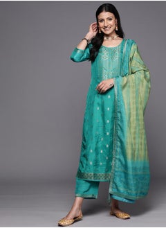 Silk Embroidered Kurta with Solid Trousers and Printed Organza Dupatta Set by Styli