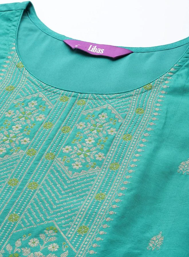 Libas Silk Embroidered Kurta with Solid Trousers and Printed Organza Dupatta Set by Styli