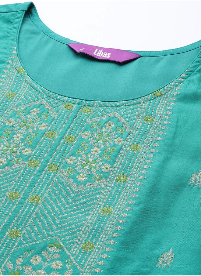 Libas - Silk Embroidered Kurta with Solid Trousers and Printed Organza Dupatta Set by Styli - Image 1