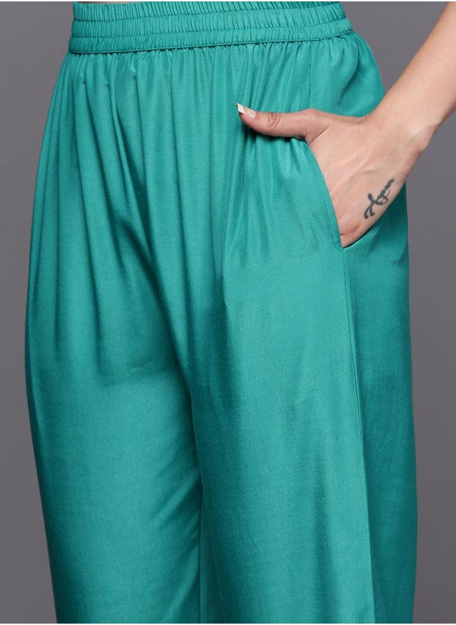 Libas - Silk Embroidered Kurta with Solid Trousers and Printed Organza Dupatta Set by Styli - Image 1