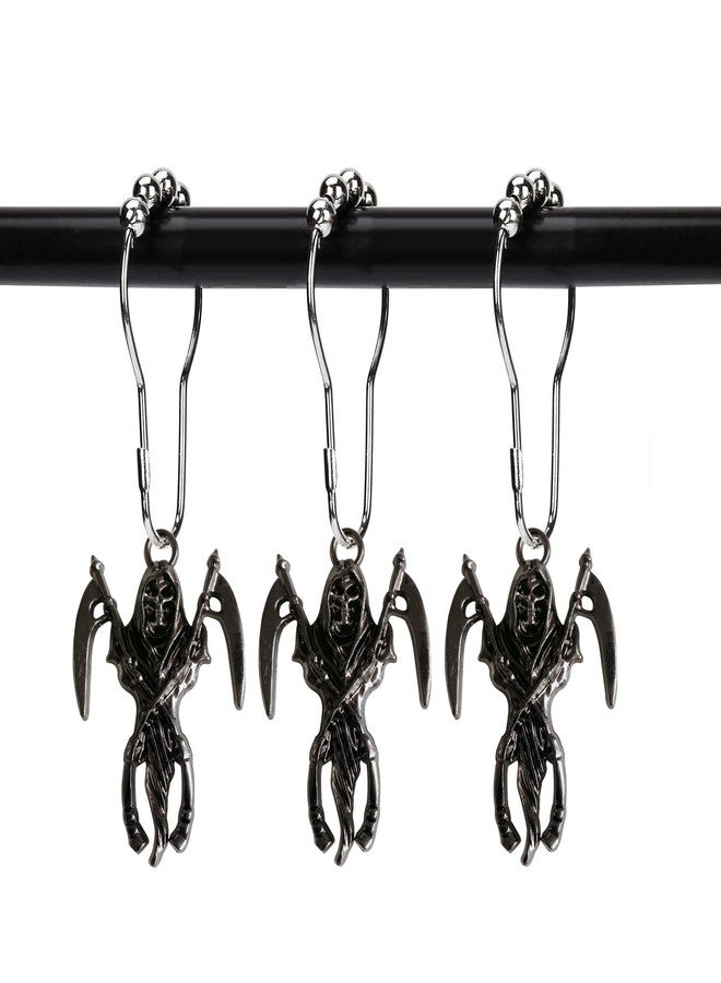 ZILucky Set of 12 Shower Curtain Hooks Rings,Skeleton Reaper Scythe Pendant, Halloween Party Supplies Haunted House Decoration, Stainless Steel Rustproof (Black) - Image 1