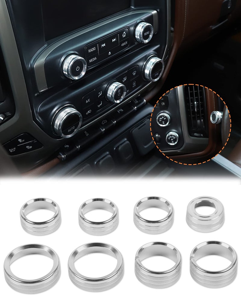 JeCar Center Console Switch Button Trim Air Conditioner Control Knob Cover for Chevy Silverado & GMC Sierra 2014-2018, Silver - Image 1