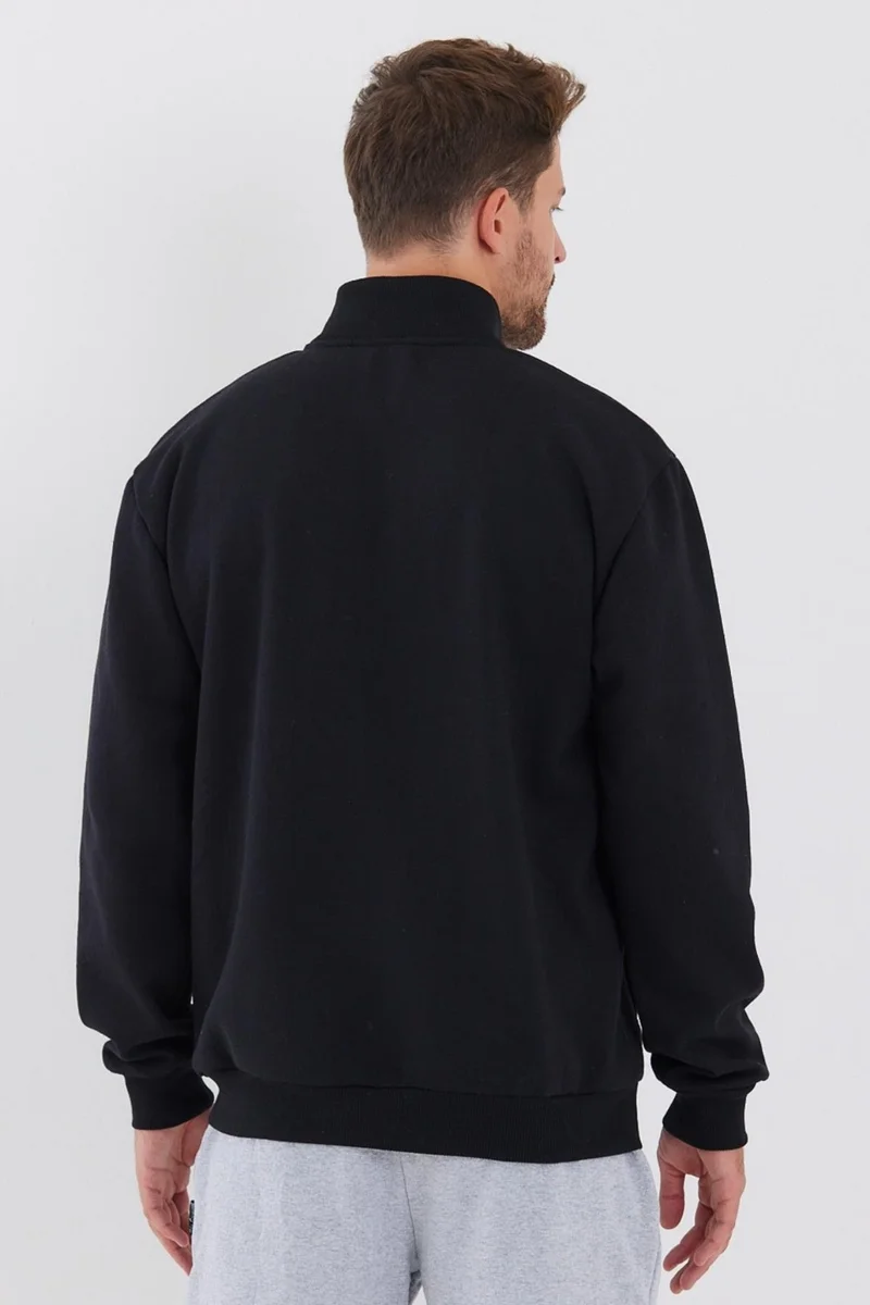 mmetalic Men's Black Cardigan with Zippered Stand Collar and Side Pockets, Cotton Inside