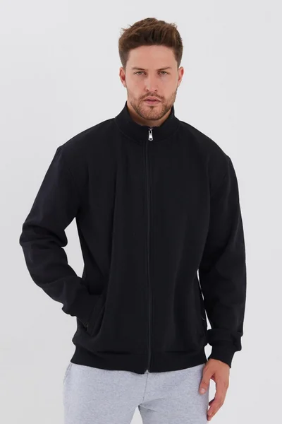 mmetalic Men's Black Cardigan with Zippered Stand Collar and Side Pockets, Cotton Inside