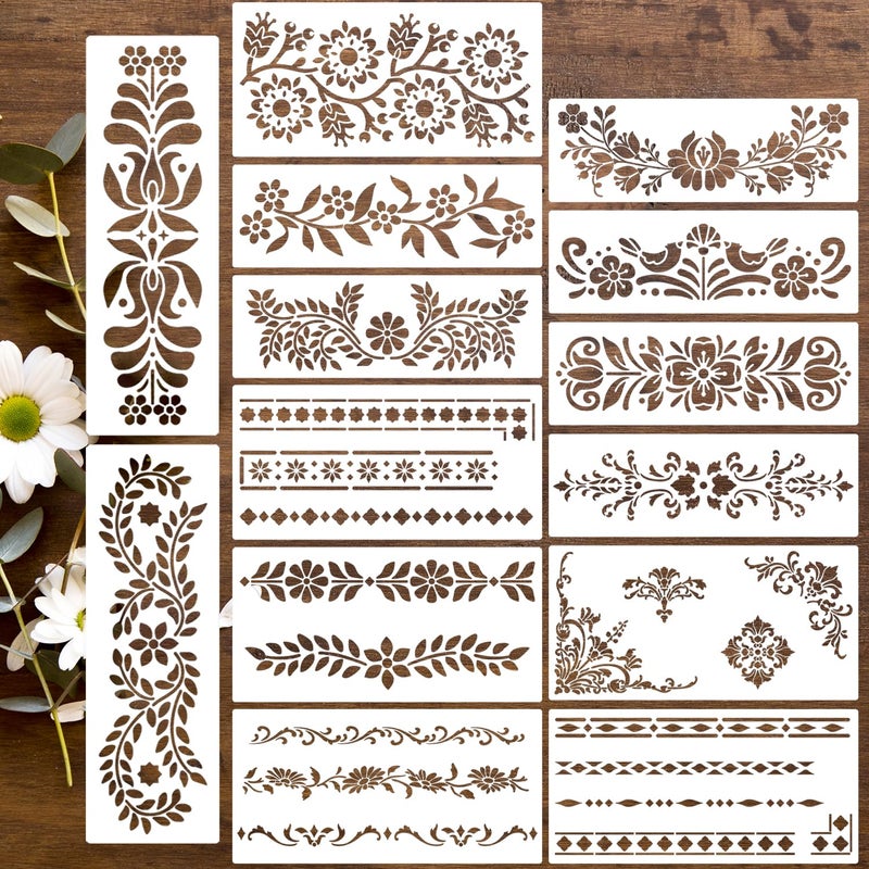 zosylley Talavera Stencils for Crafts Reusable Floral Stencils for Walls Mexican Flower Border Corner Drawing Stencil for Wood Furniture Wall Canvas Floor - Image 1