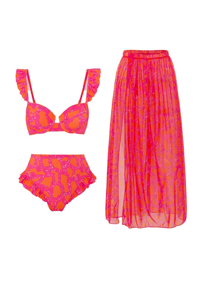 Loquat 【Bohemian Holiday Style Three-piece Swimsuit For Women】 Multi-color Printed Beach Hot Spring Gauze Skirt European And American -Color:red Bikini- - Image 5