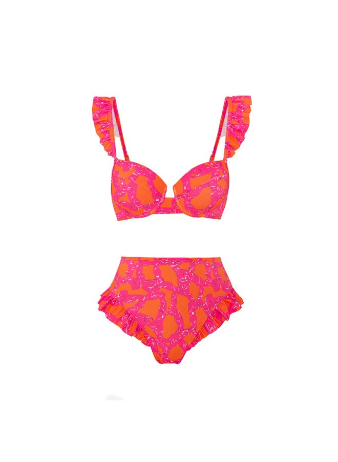 Loquat 【Bohemian Holiday Style Three-piece Swimsuit For Women】 Multi-color Printed Beach Hot Spring Gauze Skirt European And American -Color:red Bikini- - Image 1