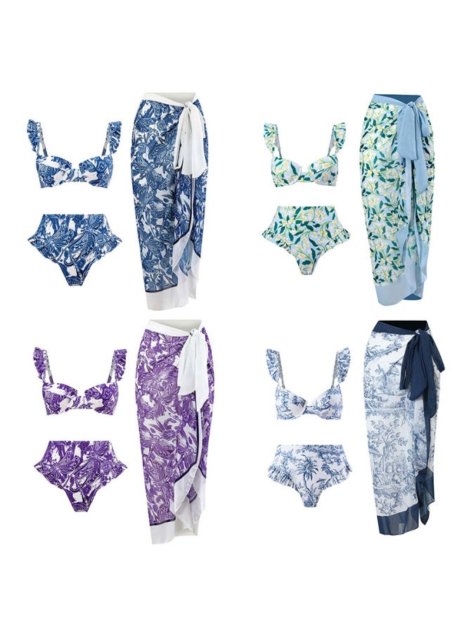 Loquat 【Bohemian Holiday Style Three-piece Swimsuit For Women】 Multi-color Printed Beach Hot Spring Gauze Skirt European And American -Color:red Bikini- - Image 2