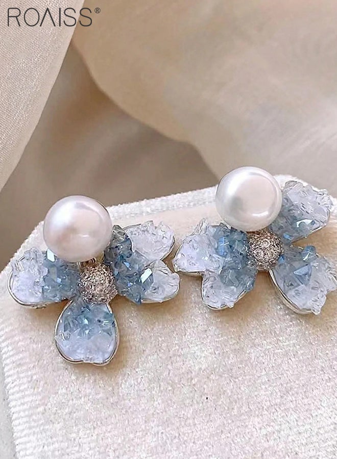 رويس 4 قطع من أقراط الزهور الزرقاء المتدرجة للنساء، أقراط لؤلؤ أنيقة وبسيطة، أقراط بتلات عتيقة، إكسسوارات أزياء للحفلات لحفلات الزفاف والارتداء اليومي - Image 5