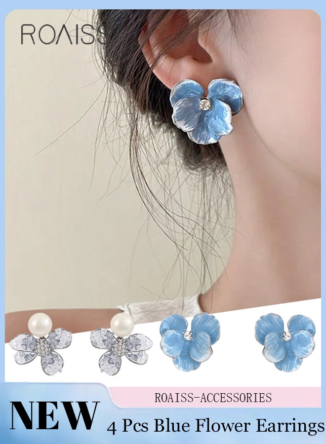 رويس 4 قطع من أقراط الزهور الزرقاء المتدرجة للنساء، أقراط لؤلؤ أنيقة وبسيطة، أقراط بتلات عتيقة، إكسسوارات أزياء للحفلات لحفلات الزفاف والارتداء اليومي - Image 1