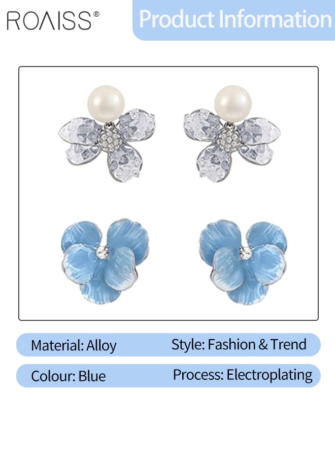 رويس 4 قطع من أقراط الزهور الزرقاء المتدرجة للنساء، أقراط لؤلؤ أنيقة وبسيطة، أقراط بتلات عتيقة، إكسسوارات أزياء للحفلات لحفلات الزفاف والارتداء اليومي - Image 4