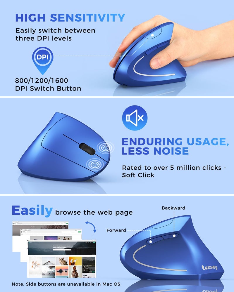 Lekvey Ergonomic Mouse, Vertical Wireless Mouse Rechargeable 2.4G USB Optical Carpal Tunnel Mice : 3 DPI 800/1200/1600 Levels 6 Buttons, for Laptop, PC, Mac, Computer, Desktop, Notebook etc, Blue - Image 5